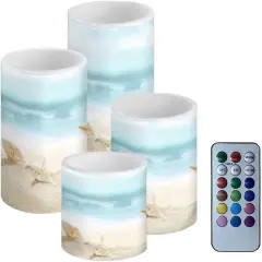 Beach Starfish Seashell Flameless LED Candles &ndash; 4-Piece Pillar Fake Candles with Colored Light, 4H/8H Timer, and Remote for Beach Party and Summer Deco