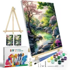 Paint by Numbers Kit for Adults with Frame, Landscape Paint by Number Canvas, Mountain Paint by Numbers with Easel, DIY Flowers Scenery Oil Painting Kit for Home Wall Decor 8 x 12 Inch