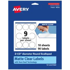Avery Matte Clear Labels,2-1/2" diameter Round Scalloped