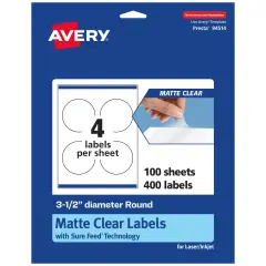 Avery Matte Clear Labels,3-1/2" diameter Round