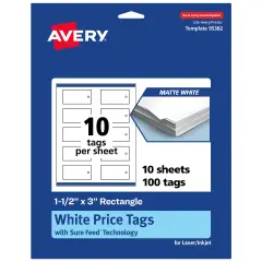 Avery Printable Rectangle Price Tags, Sure Feed Technology, 1-1/2" x 3", Matte White Cardstock, Print-to-The-Edge, Laser/Inkjet Printable, 100 Total
