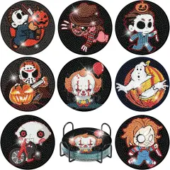8 Pcs Diamond Painting Coasters,Halloween Diamond Painting Kits