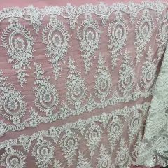 1 Yard White Beaded & Corded Embroidered Lace Fabric, 100% Polyester Mesh, 48" Wide, Elegant Fabrication for Gowns & D&eacute;cor Ivory with Silver