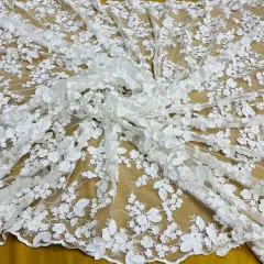 1 Yard Beaded 3D Floral Lace Fabric on 100% Polyester Net Mesh, Off White, 44" Wide, Embroidered Lace Material