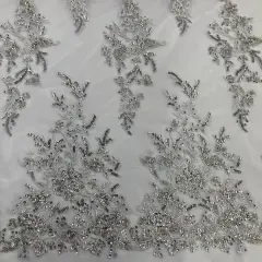 1 Yard Beaded & Sequined Embroidered Lace Fabric on 100% Polyester Mesh, 52" Wide Silver