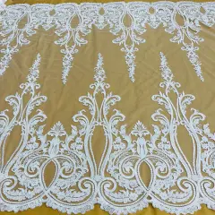 1 Yard Gold Metallic Beaded & Corded Bridal Lace Fabric, Embroidered 100% Polyester Net Mesh, 54" Wide White
