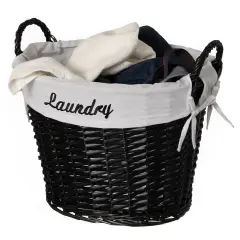 Wickerwise Handwoven Laundry Basket with Liner & Handles - Boho Decorative Storage Hamper for Clothes Blankets Pillows and Towels - Ideal for Laundry Room Bathroom Bedroom and Living Room Black