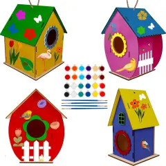 4-Pack DIY Bird House Kit &ndash; Wooden Build & Paint Craft Toy for Kids with Paints & Brushes