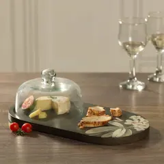 Handcrafted Oval Shape Wooden serving Platter With Glass Cloche - 12.99 X 6.99 X 3.94"