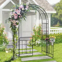 Garden Arbor with Gate with Multiple Side Crossbars and 4 Sharp Ground Stakes-Black