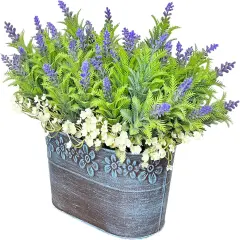 Summer Potted Plants, Artificial Flowers Lavender Arrangement in Rustic Rectangular Metal Planter, Pre-Potted Fake Lavender Table Centerpiece for Gifts Farmhouse