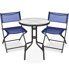 Best Choice Products 3-Piece Patio Bistro Dining Furniture Set w/ Round Textured Glass Tabletop, Folding Chairs Navy
