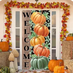 Fall Pumpkin Eucalyptus Door Cover for Front Porch,7236in