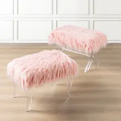 24.00"L/25.50"L Pink Faux Fur Acrylic Bench