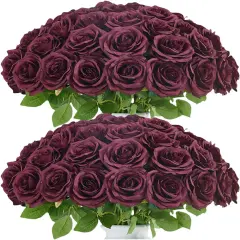 50pcs Roses Artificial Flowers Bulk,Burgundy Fake Roses Silk Flower