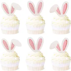 24 Pack Easter Bunny Ear Cupcake Toppers, Glitter Rabbit Ears Cupcake Picks, Easter Day Cake Toppers for Easter Theme Spring Birthday Baby Shower Party Supplies
