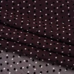 1 Yard Burgundy Crinkled Polyester Chiffon with Flocked Black & White Polka Dots 57 Inch Wide