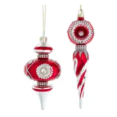 6.5-8.5" Glass Finial Ornaments, Set of 2 in Red & Silver - Elegant Christmas Tree Decorations