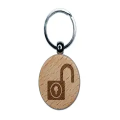 Padlock Unlocked Keyhole Security Symbol Engraved Wood Round Keychain Tag Charm