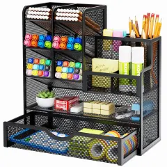 Marbrasse Mesh Pen Holder for Desk, Multi-Functional Pencil Organizer with Drawer, Desk Organizers and Accessories for Office Art Supplies (Black)