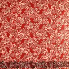 1 Yard Polynesian Hibiscus & Plumeria Flowers Traditional Tattoo Fabric Single Border Poly Cotton 45 Inches Wide Red