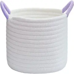 Empty Gift Baskets, Cute Woven Baskets for Storage, Small White Cotton Rope Baskets with Purple Handles for Women, Baby, Kid&rsquo;s, Pets Storage(Oval, 12"x 8"x 5")