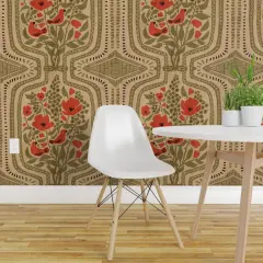 Peel & Stick Wallpaper 2FT Wide Retro Boho Floral Maximalist Large Scale Red Poppies Scarlet Tanager Songbird Warm Bohemian Eclectic Olive Green Custom Removable Wallpaper by Spoonflower