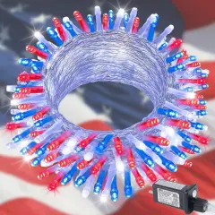 4th of July Lights, 200 LED 66ft Red White and Blue Patriotic String Lights Plug-in, 8 Modes &Timer Waterproof for Outdoor Indoor Independence Day, Memorial Day, Holiday Decor
