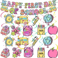 Happy First Day of School Banner, 59pcs Welcome Back to School Party Decorations for Classroom Hanging Swril 1st Day of School Classroom Party Supplies