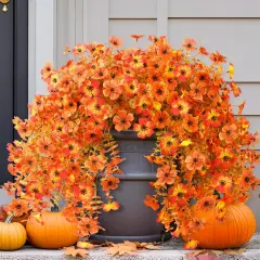 2Pcs Artificial Fall Mums Flowers - Red Orange