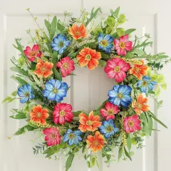 Summer 20 Inch Cosmos Daisy Flower Wreath for Front Door, Farmhouse Outdoor and Indoor Wreath, Tropical Wreath for Outside, Porch Decor