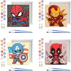 4 Pack Paint by Numbers Kit for Kids with Frame- Cartoon Painting Kits for Kids Ages 4-8, Cartoon Paint by Numbers with Frame 8x8 Inch