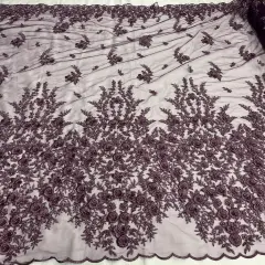 1 Yard Beaded 3D Floral Lace Fabric Embroidered on 100% Polyester Net Mesh, Plum, 54" Width, Elegant Fabric for Dresses & Crafts