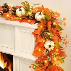 6 FT Fall Garland with White Gilded Pumpkins