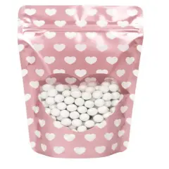 Rose Gold Stand Up Zipper Pouch with White Mini Hearts 5 1/8" x 3 1/8" x 8 1/8" 25 pack ZBGSW3WH