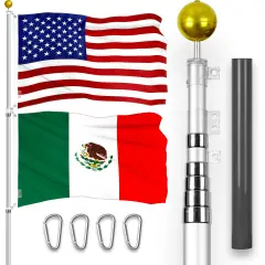 G128 Combo Pack: 20 Ft Telescoping Aluminum Flagpole (Silver) & American and Mexico Flags 3x5 Ft, Both ToughWeave Series Embroidered Polyester | Pole with Flags Included