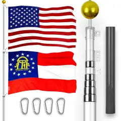G128 Combo Pack: 20 Ft Telescoping Aluminum Flagpole (Silver) & American and Georgia Flags 3x5 Ft, Both ToughWeave Series Embroidered Polyester | Pole with Flags Included