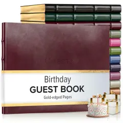 Gallery Leather Birthday Guest Book for Party Celebrations - Hardcover, Bound Leather Sign in Guest Book with 192 Lined Pages for Messages & Photos - 7" x 9" Acadia Burgundy