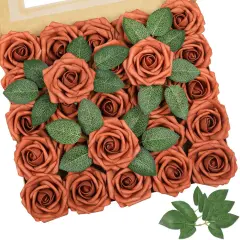 Artificial Flowers Burnt Orange Rose 25pcs Real Looking Fake Roses w/Stem for DIY Wedding Bouquets Centerpieces