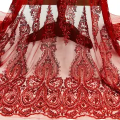 1 Yard Beaded Embroidered Lace Fabric on Polyester Mesh, 51" Wide Red