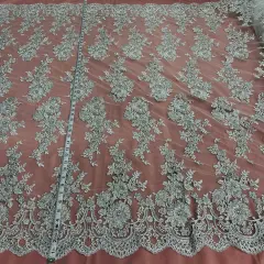 1 Yard Gold Beaded Corded Bridal Lace Fabric on Polyester Mesh, 53" Wide, Embroidered Luxury Fabrication Silver