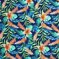Tropical Leaves on Navy Printed Spandex