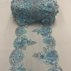 3 Yard Sequin 3D Lace Fabric 22.86 cm Wide Mesh with Pearls, Beads & Embroidery 100% Polyester Baby Blue