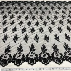 1 Yard Beaded Corded Lace Fabric Embroidered Elegant Mesh Bridal Gown 53" Width Black