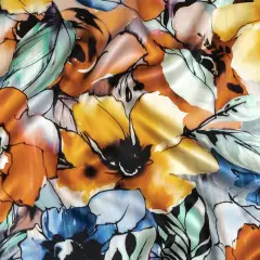 1 Yard Silk Charmeuse Blue Gray Harvest Pumpkin Yellow Floral 53 Inches Wide