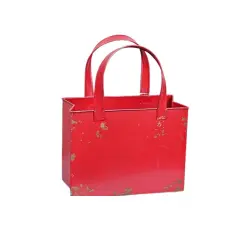 Distressed Red Metal Tote Bag &ndash; Rustic Farmhouse Container for Floral Arrangements & Holiday Decor-M10826