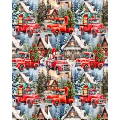Christmas Town Red Trucks Cotton Fabric | By the Yard | Sewing and Crafting | 44 inches wide