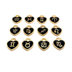 Black Enamel and Gold Zodiac/Astrology Heart Charms, 14x12mm