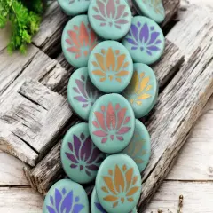 *8* 17mm Opaque Turquoise Sliperit Lotus Flower Laser Tattoo Coin Beads
