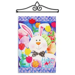 G128 Combo Pack Garden Flag Hanger 14IN & Garden Flag Happy Easter Bunny Tulips Printed 12x18IN Double Sided Yard Garden Lawn Decoration
